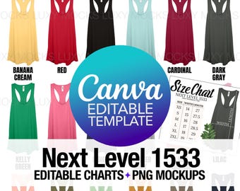 Next Level 1533 Tank Color Chart + Size Chart Canva Template (PNG Mockup Bundle)
