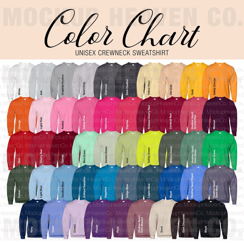 Op de afbeelding: Kleurenkaart met 36 verschillende kleuren unisex crewneck sweatshirts. De kleuren zijn gerangschikt in rijen en kolommen, met de namen van elke kleur onder elk sweatshirt.