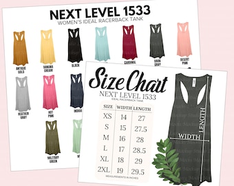 Next Level 1533 Tank Top Color & Size Chart (2 JPEG Files) (Instant Download)