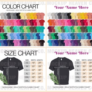 Paquete de 4 archivos de maquetas de Gildan 64000 G640, tabla de colores y tabla de tallas, camiseta unisex Softstyle, 2 tablas de colores y 2 tablas de tallas, impresión a pedido