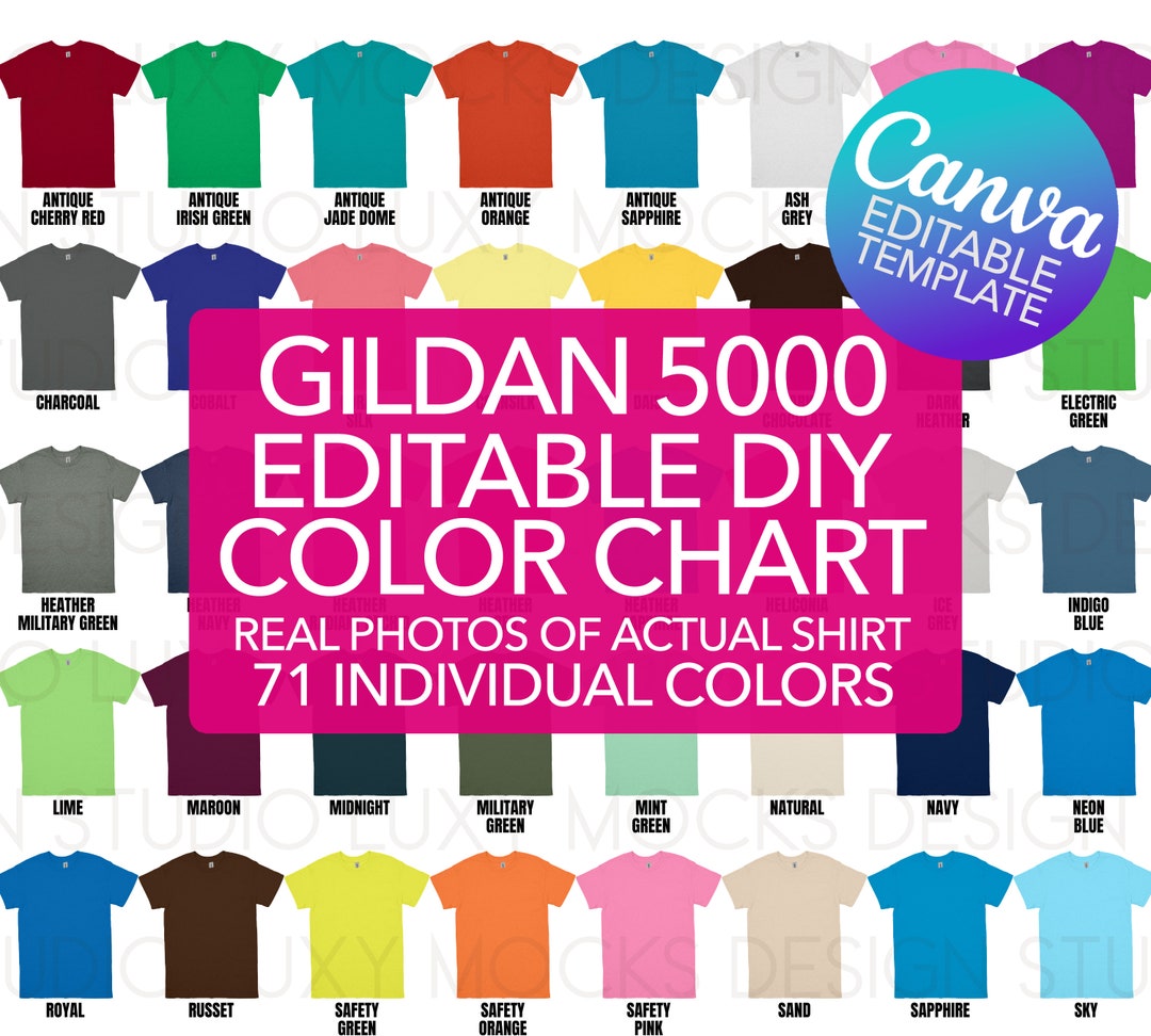 Canva Template Gildan 5000 Editable Color Chart & Size Chart PNG Flat ...