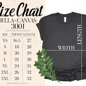 May include: Size chart for Bella + Canvas 3001 unisex jersey short sleeve tee. The chart shows measurements in inches for width and length for sizes XS to 3XL.