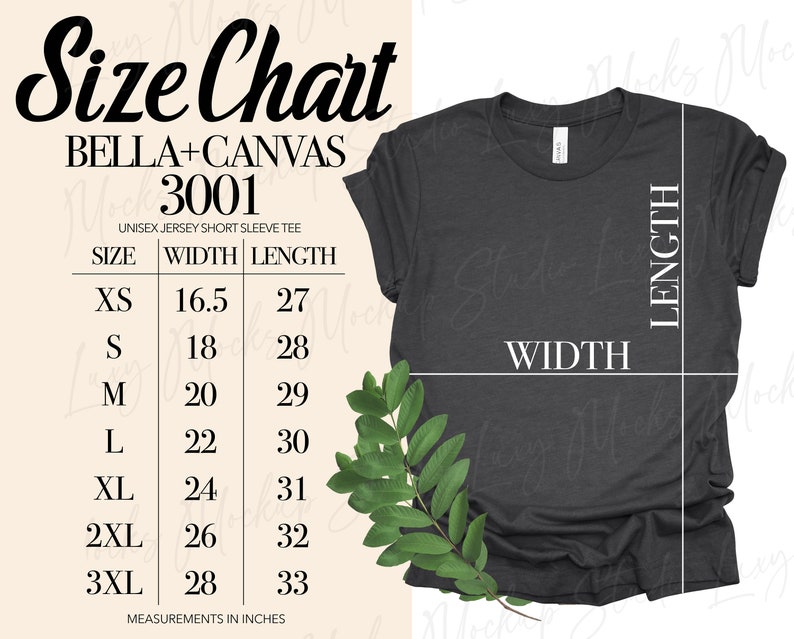 May include: Size chart for Bella + Canvas 3001 unisex jersey short sleeve tee. The chart shows measurements in inches for width and length for sizes XS to 3XL.