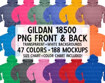 Gildan 18500 G185 Hoodie Mockup Bundle Front And Back Individual Files 188 Mockups, Includes Color & Size Chart | Women Men | Flat Lay