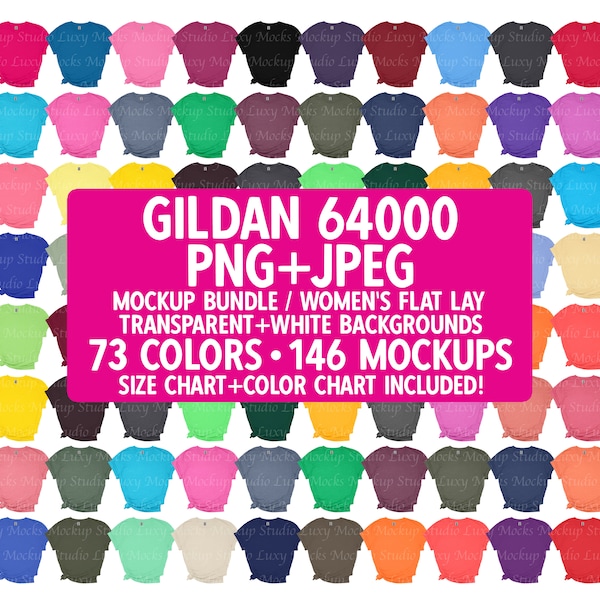 PNG Transparent Gildan 64000 G640 Women's Flat Lay Mockup Bundle 73 Colors 146 Mockups, Bundle Includes Full Color Chart And Size Chart