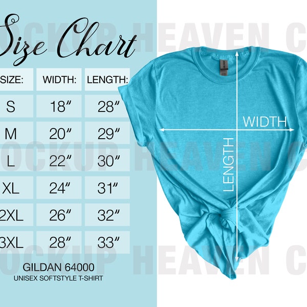 Gildan 64000 Size Chart G640 Women's Mockup Size Chart Gildan Softstyle T-shirt Mockup for Print On Demand feat. Heather Galapagos Blue Mock