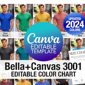 Plantilla de Canva con tabla de colores editable Bella Canvas 3001 para camisetas de hombre / Tabla de colores Canva personalizada para hacer tú mismo / Tabla editable de camisetas de hombre / Tabla de tallas