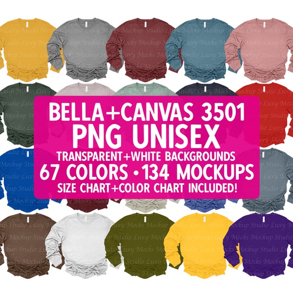 Bella Canvas 3501 Mockup Bundle PNG Transparent + JPEG White | Color Chart + Size Chart | Unisex Women Men Long Sleeve Tee Mockup