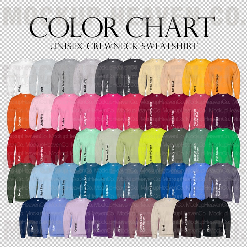 Puede incluir: Carta de colores que muestra una variedad de sudaderas con cuello redondo en diferentes colores, incluyendo blanco, ceniza, gris jaspeado, gris deportivo, carb&oacute;n, gris oscuro, amarillo claro, oro viejo, oro, naranja de seguridad, naranja, rosa claro, azalea, rosa de seguridad, heliconia, paprika, rojo cereza antiguo, rojo cardenal, rojo deportivo, rojo escarlata, marr&oacute;n, rojo, rojo cereza, granate, verde menta, verde sereno, kiwi, verde de seguridad, verde militar, deportivo jaspeado, verde oscuro, verde irland&eacute;s, zafiro antiguo, zafiro, azul &iacute;ndigo, azul legi&oacute;n, azul real, azul deportivo real, azul marino oscuro, bosque, azul claro, azul de Carolina, orqu&iacute;dea, morado, ciruela, deportivo jaspeado, marr&oacute;n oscuro, arena, chocolate oscuro, negro, azul marino, violeta y orqu&iacute;dea.