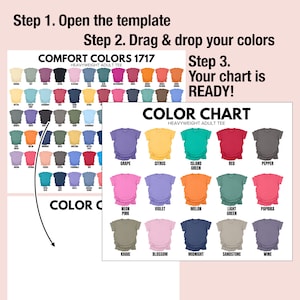 May include: A color chart for t-shirts with a variety of colors, including grape, citrus, island green, red, pepper, neon pink, violet, melon, light green, paprika, khaki, blossom, midnight, sandstone, and wine. The chart is labeled "Comfort Colors 1717 Heavyweight Adult Tee".