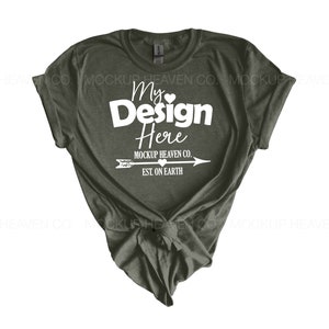 Gildan 64000 T-shirt Mockup: Heather Military Green, Women&#39;s Flat Lay (JPEG)