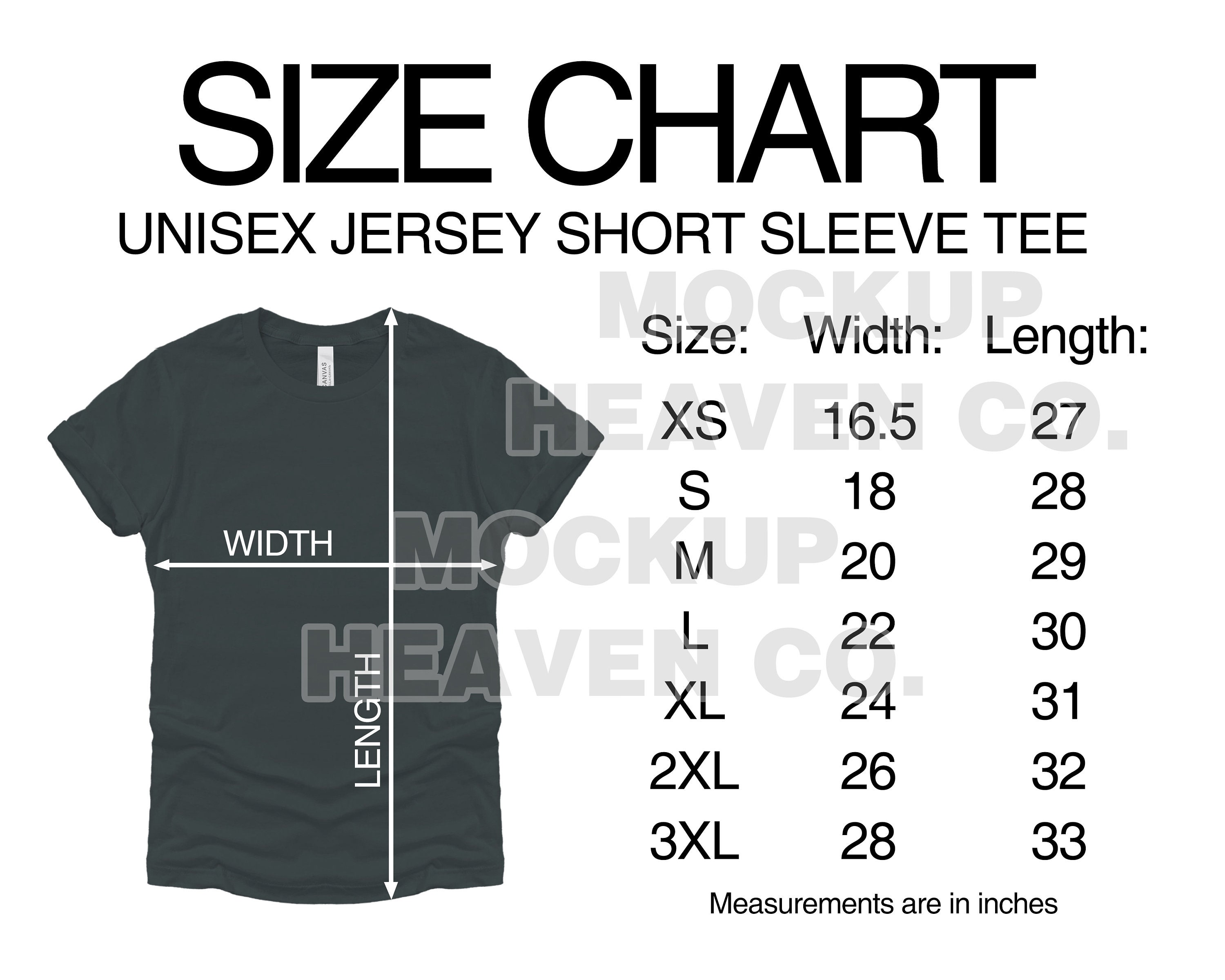 Bella + Canvas 3001 Size Chart Mockup: Unisex T-shirt (digital