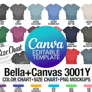 Tabla de colores editable Bella Canvas 3001Y + Plantilla de Canva con tabla de tallas + Paquete de maqueta transparente PNG / Bella Canvas Youth / Camiseta juvenil 3001