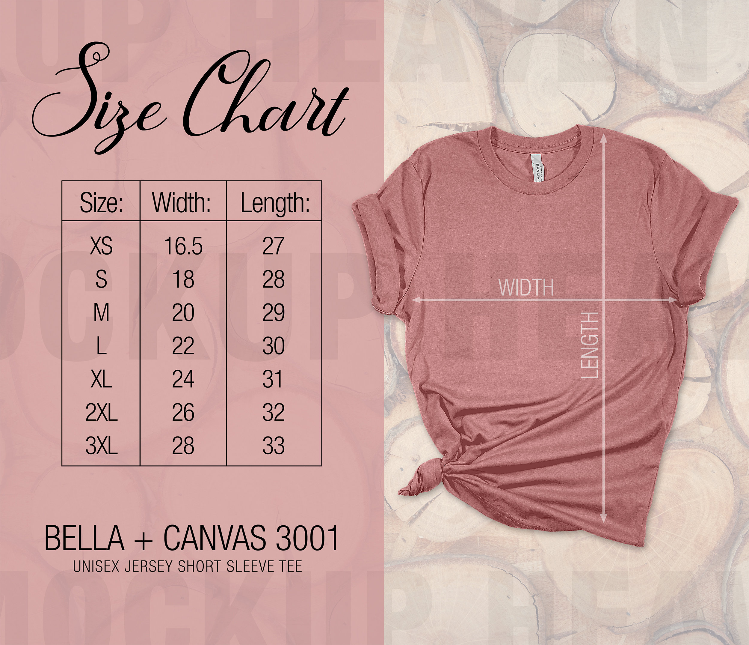 Bella Canvas 3001 Size Chart for Print 