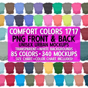 Comfort Colors 1717 PNG Transparent Front & Back Unisex Men's Urban Mockup Bundle + Color + Size Chart Spring Summer Fall Winter | Flat Lay