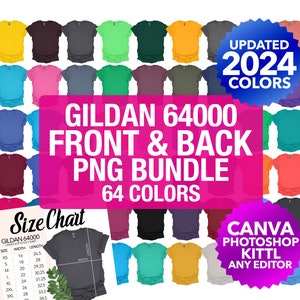 Gildan 64000 g640 Front And Back PNG Transparent Mockup Bundle Men Unusex Flat Lay + Color Chart + Size Chart | 2024 Colors | Gildan Men