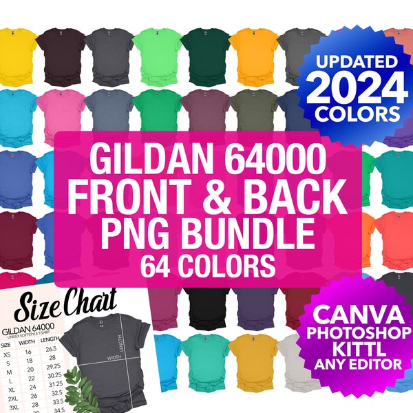 Gildan 64000 g640 Front And Back PNG Transparent Mockup Bundle Men Unusex Flat Lay + Color Chart + Size Chart | 2024 Colors | Gildan Men