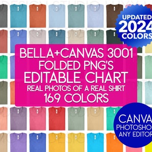 Tabla de colores editable en formato PNG plegado Bella Canvas 3001 + paquete de maquetas / Fotos reales / Tabla de tallas incluida / Maquetas + Muestras