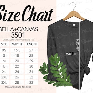 Tabla de tallas de Bella Canvas 3501 con maqueta para mujer en percha / Tabla de tallas de remeras de manga larga para mujer / Formato JPEG / Descarga instantánea
