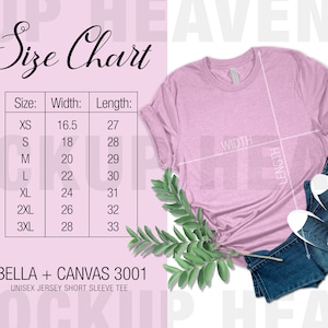 Puede incluir: Tabla de tallas para una camiseta de manga corta de jersey unisex Bella + Canvas 3001. La tabla muestra la talla, el ancho en pulgadas y la longitud en pulgadas para las tallas XS a 3XL.
