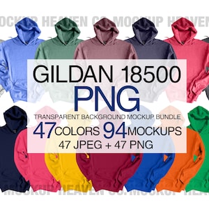 Gildan 18500 G185 PNG Mockup Bundle Heavy Blend Hooded Sweatshirt PNG Transparent + JPEG White Backgrounds Men's Women's Hoodie 94 Mockups
