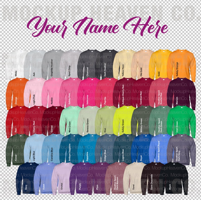 May include: A chart displaying 48 different coloured long-sleeved shirts. The shirts are arranged in rows and columns, with each colour labelled. The text "Your Name Here" is at the top of the chart.
