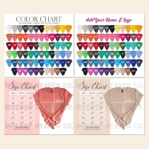 2 tablas de colores + 2 tablas de tallas Gildan 64000 / Las tablas de colores contienen 70 colores de la camiseta Gildan Softstyle G640 / incluye maquetas para mujeres