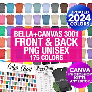 Maqueta transparente PNG de la parte delantera y trasera de la camiseta Bella Canvas 3001 / Hombres unisex / Tabla de colores Tabla de tallas / Camiseta 3001 plana / 2024