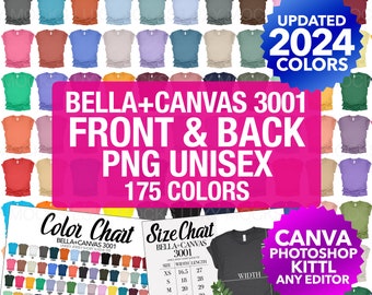 Bella Canvas 3001 T-shirt Front And Back PNG Transparent Mockup Bundle | Men Unisex | Color Chart Size Chart | 3001 Tee Flat Lay | 2024