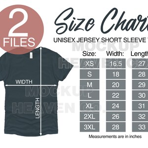 Op de afbeelding: Een maattabel voor een unisex jersey t-shirt met korte mouwen. De tabel toont de breedte- en lengtemaat in inches voor maten XS tot 3XL.
