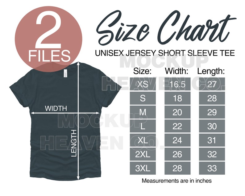 Op de afbeelding: Een maattabel voor een unisex jersey t-shirt met korte mouwen. De tabel toont de breedte- en lengtemaat in inches voor maten XS tot 3XL.