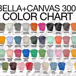 Puede incluir: Carta de colores para camisetas Bella + Canvas 3001, que muestra 36 colores diferentes. La carta incluye colores como aguamarina, ej&eacute;rcito, ceniza, asfalto, heather atl&eacute;tico, oto&ntilde;o, baya, negro, heather negro, marr&oacute;n, naranja quemado, heather gris oscuro, bosque, oro, heather azul, heather azul oscuro, heather polvo, heather bosque, heather azul medianoche, heather menta, heather naranja, heather orqu&iacute;dea, heather prisma azul polvoriento, heather prisma azul hielo, heather prisma lila, heather prisma menta, heather prisma melocot&oacute;n, heather frambuesa, heather royal verdadero, kelly, hoja, azul claro, lila, malva, mostaza, azul marino, azul oc&eacute;ano, oliva, negro sangre de buey, rosa, rojo, plata, crema suave, azul acero, royal verdadero, blanco y amarillo.
