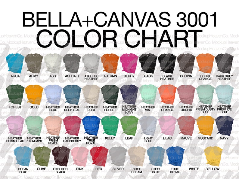 Puede incluir: Carta de colores para camisetas Bella + Canvas 3001, que muestra 36 colores diferentes. La carta incluye colores como aguamarina, ej&eacute;rcito, ceniza, asfalto, heather atl&eacute;tico, oto&ntilde;o, baya, negro, heather negro, marr&oacute;n, naranja quemado, heather gris oscuro, bosque, oro, heather azul, heather azul oscuro, heather polvo, heather bosque, heather azul medianoche, heather menta, heather naranja, heather orqu&iacute;dea, heather prisma azul polvoriento, heather prisma azul hielo, heather prisma lila, heather prisma menta, heather prisma melocot&oacute;n, heather frambuesa, heather royal verdadero, kelly, hoja, azul claro, lila, malva, mostaza, azul marino, azul oc&eacute;ano, oliva, negro sangre de buey, rosa, rojo, plata, crema suave, azul acero, royal verdadero, blanco y amarillo.