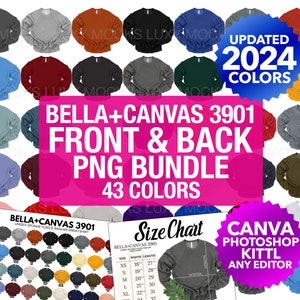 以下が含まれることがあります： さまざまな色の Bella + Canvas 3901 ユニセックス スポンジ フリース ラグラン スウェットシャツ 43 個のセット。画像には、インチ単位のサイズ表が含まれています。テキスト「UPDATED 2024 COLORS」は青い円の中に表示されています。