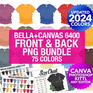 Maqueta transparente PNG de Bella Canvas 6400 frontal y posterior / Camiseta relajada para mujer 6400 / Tabla de colores y tabla de tallas / Bella Canvas PNG