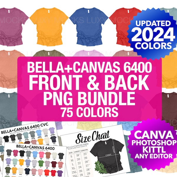 Bella Canvas 6400 Front And Back PNG Transparent Mockup Bundle | 6400 Women's Relaxed T-shirt | Color Chart Size Chart | Bella Canvas PNG