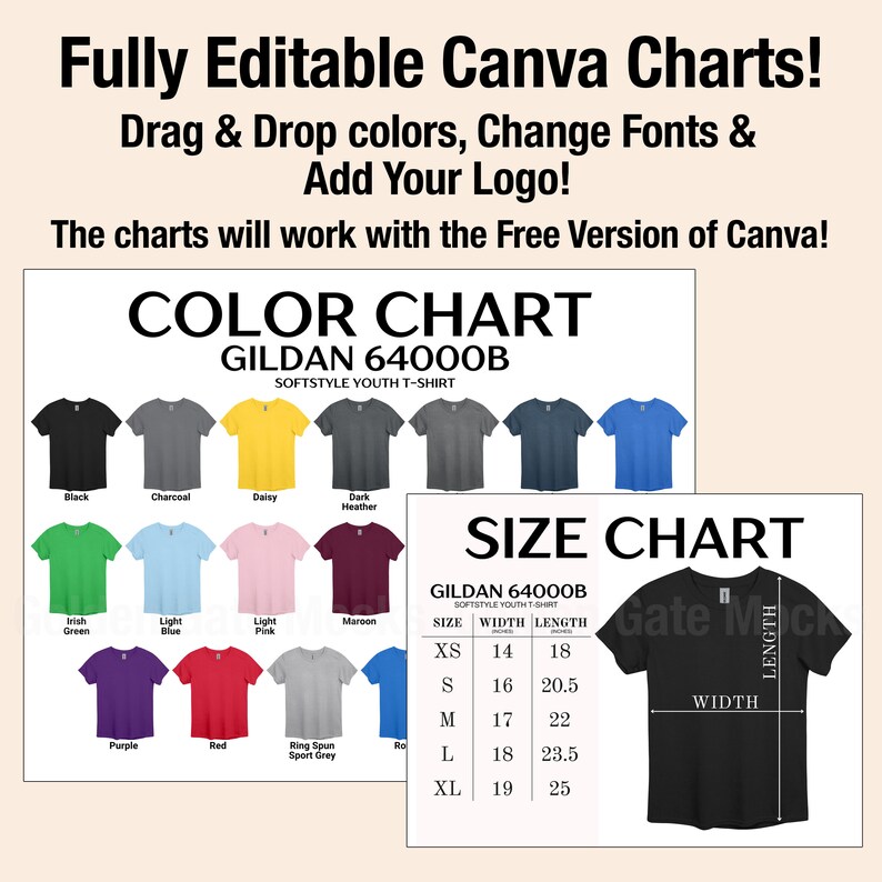 May include: Colour and size chart for Gildan 64000B Softstyle Youth T-Shirt. The chart shows the available colours, including black, charcoal, daisy, dark heather, Irish green, light blue, light pink, maroon, purple, red, and ring spun sport grey. The size chart shows the width and length measurements for sizes XS, S, M, L, and XL.