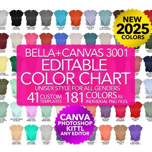 Bearbeitbare Farbkarte Bella Canvas 3001 181 Transparente PNG-Dateien + 41 JPEG-Vorlagen Unisex Style Männer Frauen T-Shirt Mockup Benutzerdefinierte Chart