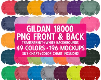 Gildan 18000 G180 Front & Back Mockup Bundle PNG Transparent Background + JPEG White | Color Chart + Size Chart Included | Instant Download