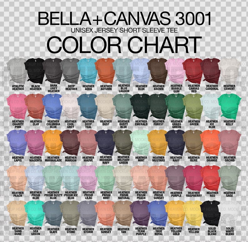 Bella Canvas 3001 Mockup Color Chart JPEG PNG All 130 Colors - Etsy