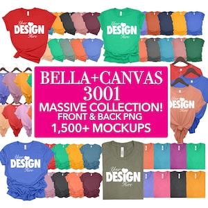 Puede incluir: Una colecci&oacute;n de m&aacute;s de 1.500 maquetas de camisetas Bella + Canvas 3001 en varios colores. Las maquetas muestran la parte delantera y trasera de la camiseta con el texto "Your Design Here" impreso en ellas.