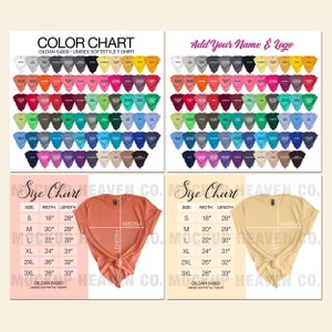 2 tablas de colores + 2 tablas de tallas Gildan 64000 / Las tablas de colores contienen 70 colores de la camiseta Gildan Softstyle G640 / incluye maquetas para mujeres
