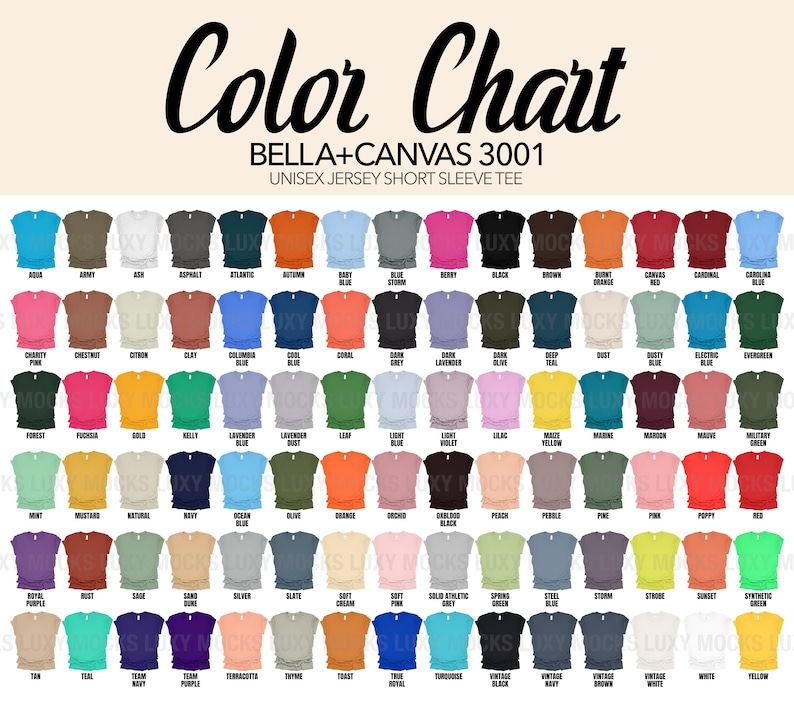 May include: Color chart showing 100 different colors of Bella + Canvas 3001 unisex jersey short sleeve t-shirts. The colors are arranged in rows and columns, with each color represented by a small image of a t-shirt.