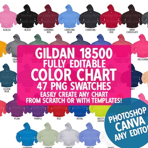 Gildan 18500 G185 Hoodie Fully Editable Color Chart | 47 Colors As PNG Transparent Swatches | Easy Instructions | Size Chart Included