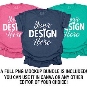 May include: Three t-shirts in different colors: pink, navy blue, and teal. Each shirt has the text "Your Design Here" printed on the front in white.