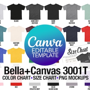 Tabla de colores editable Bella Canvas 3001T + Tabla de tallas editable + Paquete de maquetas PNG / Plantilla Canva / Maquetas de camisetas para niños pequeños / Camiseta para niños pequeños 3001