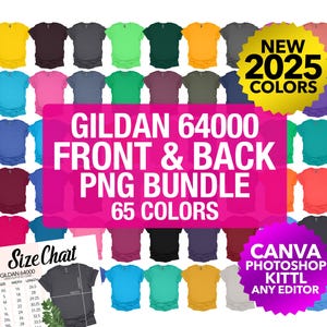 Gildan 64000 g640 Vorder- und Rückseite PNG Transparent Mockup Bundle Männer Unisex Flat Lay + Farbkarte + Größentabelle | 2025 Farben | Gildan Männer