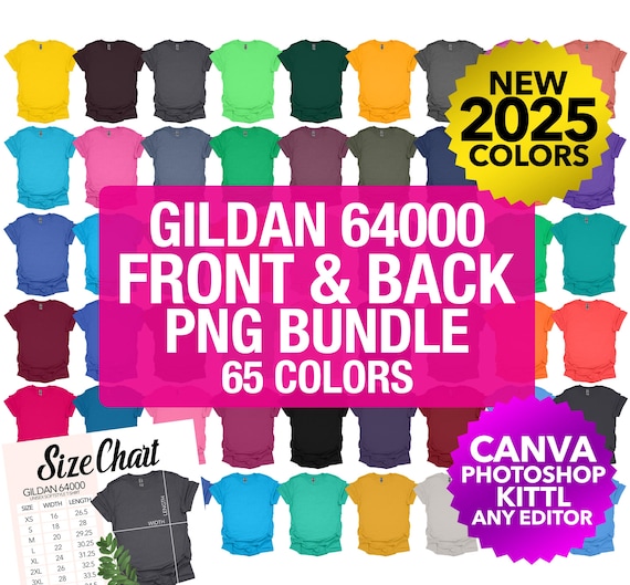 Gildan 64000 g640 Front And Back PNG Transparent Mockup Bundle Men Unisex Flat Lay + Color Chart + Size Chart | 2025 Colors | Gildan Men