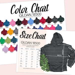 Paquete de tabla de colores y tabla de tallas Gildan 18500 G185 / Sudadera unisex con capucha / Hombres y mujeres / Formato JPEG / Descarga digital instantánea / 2 archivos