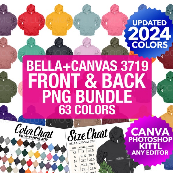 Bella Canvas 3719 Front And Back PNG Transparent Mockup Bundle | 3719 Fleece Hoodie Mockup Men Women | Color Chart Size Chart